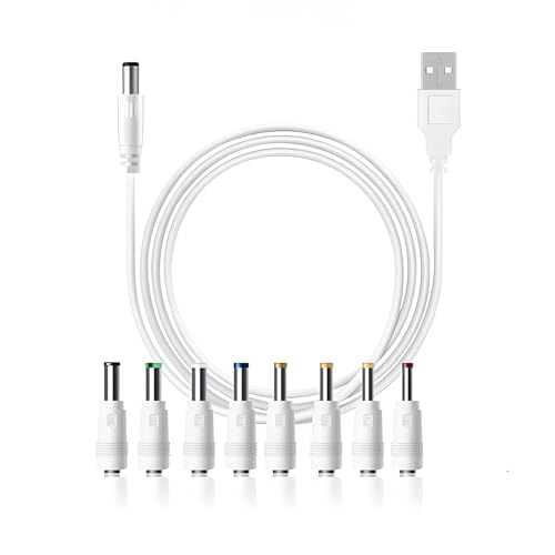 Leloco USB auf DC Stecker Kabel, 8 in 1 USB A auf Hohlstecker Adapter 5,5 x 2,1mm Universal Ladekabel Netzkabel Stromkabel Adapterkabel mit 8 Stecker für Router, Rasierapparat, TV Box usw Weiß