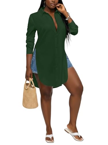 Image of LYANER Women's Collar Neck Long Sleeve Button Down Shirts Sexy Split Hem Tops Long Blouse Shirt Dress