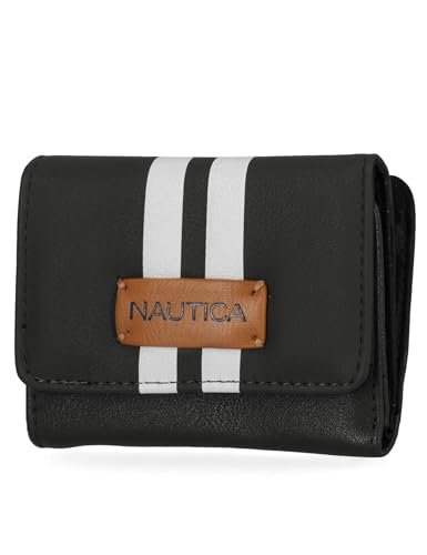 Image of Nautica Rower's End Small Wallet for Women, RFID Blocking Slim Credit Card Holder with Zipper Coin Pocket, Bifold Compact Womens Wallet with ID Window, Black (Racing Stripe)