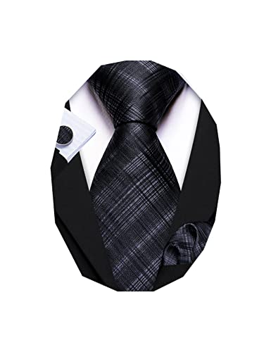 Image of Barry.Wang Tie Sets for Men Silk Stripe Necktie Woven Checkered Handkerchief Cufflinks Formal Business Wedding
