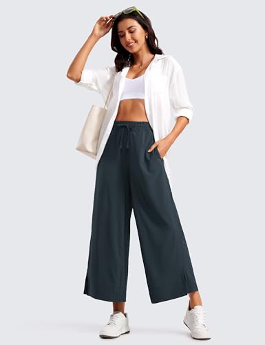 Image of CRZ YOGA Lightweight Wide Leg Crop Pants 25 inch | Casual, Travel, Comfy, Soft, Split, Loose Fit, Pockets, for Women