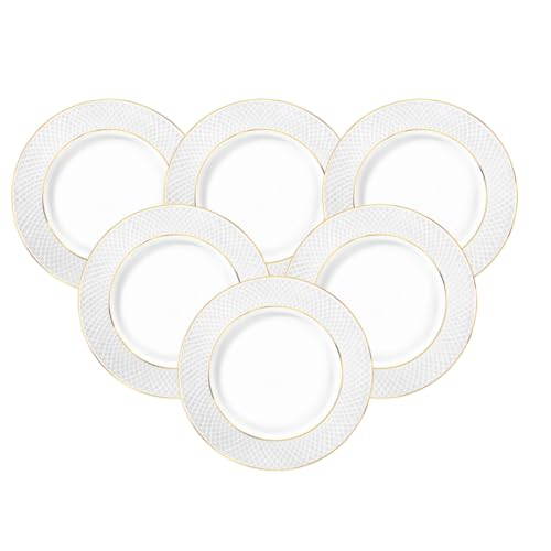Wilmax Lot de 6 assiettes à dessert, en porcelaine, blanches, avec motif doré, 28 cm de diamètre, passent au lave-vaisselle, pour petit-déjeuner, assiettes...