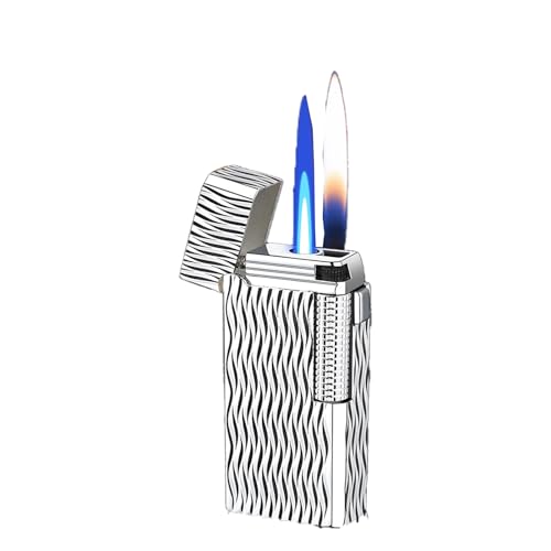YHBNJIGW Briquet Classique à Double Flamme au Butane, Un Briquet Deux-en-Un Coupe-Vent et Rechargeable avec Flamme Jet et Flamme Douce, Un Objet de Collection for Hommes, pères et Maris.(Silver)