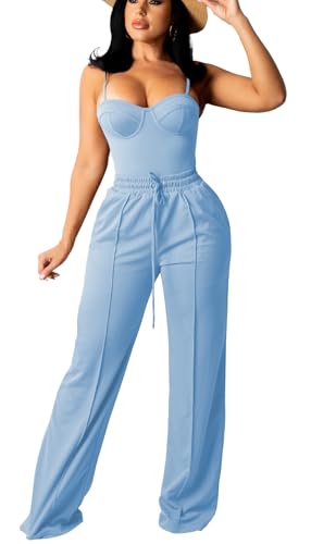 Bluewolfsea Women Sexy 2 Piece Outfits Jumpsuit Summer Sleeveless Cami Crop Top Wide Leg Long Pants Set