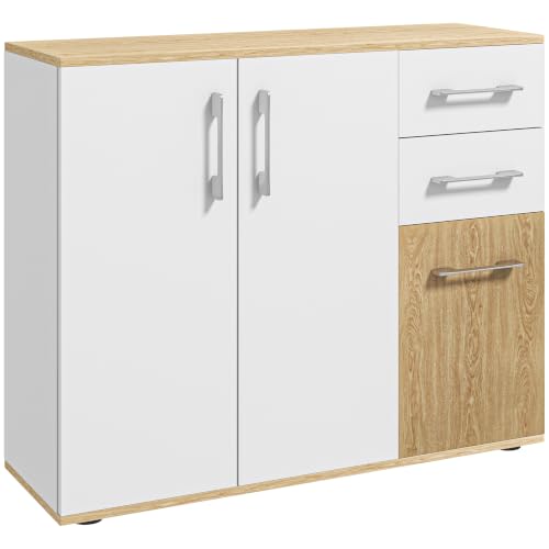 HOMCOM Buffet Salon avec 3 Portes, 90 x 30 x 75,5 cm, Blanc Bois Naturel