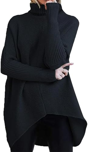 Women Knit Sweater Full Sleeve Turtleneck Irregular Pullover Casual Solid Spliced Autumn Winter Top