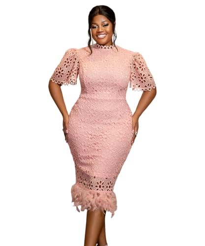 AOMEI Women's Summer Hollow Out Lace Dress Short Sleeve Stand Collar Feather Bodycon Business Cocktail Party Dresses