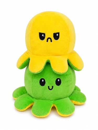 Image of Reversible Octopus Plush Toy 18 cm | Flip Mood Soft Toy | Double-Sided Happy & Angry Expression | Super Soft Stuffed Animal Plushie | Cute Kids Gift, Stress Relief Toy, Home Decor (Green - Yellow)