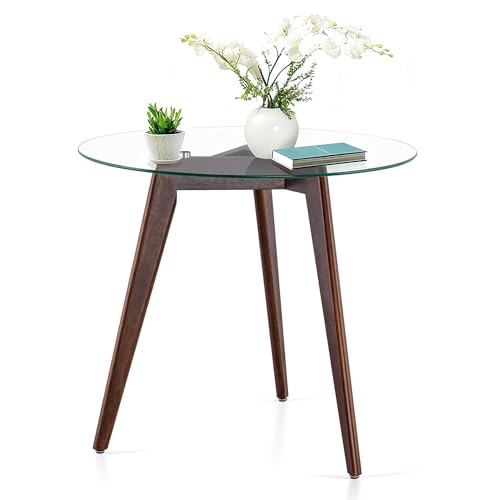 ivinta Round Glass Dining Table for 2-4 People, 31.5" Modern Circle Kitchen Table with Tempered Glass Top and Wood Legs for Kitchen, Dining Room, Living Room or Restaurant, RD80 (Dark Brown)