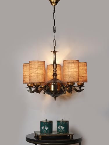Image of Devansh 05 Lights Beige Jute Round Shade with Antique Golden Chandelier