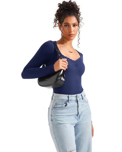 Image of SUUKSESS Women Sweetheart V Neck Long Sleeve Tops Lace Trim Ribbed Modal Fall Going Out Shirts