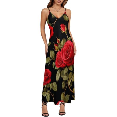 Fashion V Neck Long Slimming Dress Cami Full Slips Long Under Dress for Women Floral Flowers Black Red Roses
