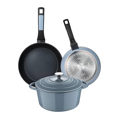 Juego de 2 Sartenes de Ø20Ø26cm Aluminio prensado + Cacerola con tapa Ø25,5x12cm (5L) en Hierro fundido color Azul NOIA San Ignacio