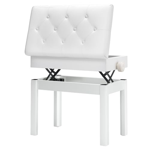 MAMIZO Tabouret Piano Réglable en Hauteur 56x33x58CM, Siege Piano avec Espace de Rangement, Banc Piano avec Coussin Cuir PU, Charge Maximale 150KG, 4 PCS Pieds de Piano Bois Massif, Blanc