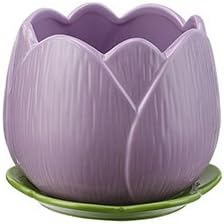 Flower Pot Vase Ceramic Indoor Outdoor With Saucer Attached Decorative Lotus Shaped Mini Bonsai Garden Planter (Lotus)