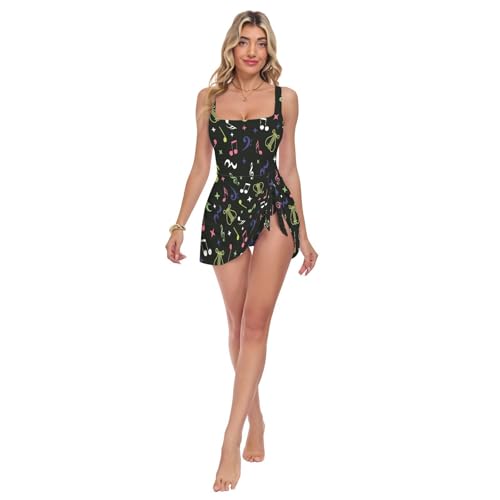 Maillot de bain col carré noir au motif note de musique idéal pour la plage