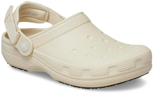 Crocs Unisex-Adult Classic Work Clogs, Adjustable Slip Resistant Work Shoes with Hole-Free Construction, Bone, 10 Women/8 Men