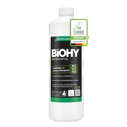 BiOHY Detergente para lavavajillas Plus (botella de 1 l), concentrado líquido orgánico para vajilla con etiqueta ecológica de la UE, desengrasante extra potente, ideal para dispensador de detergente,