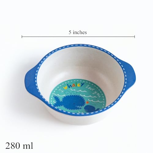 Image of Bamboo Kids Feeding Set of 5 |Kids Crockery Set Tableware |Baby Utensils and Dishes Set | Eco-Friendly |Organic & Natural (Wobbly Whale.)