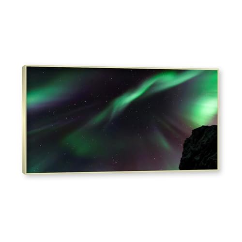 Tableau sur toile aurore boréale verte et violette 30x54cm avec cadre doré