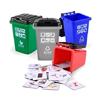 PATEL SALES Mini Family Garbage Sorting Puzzle Game with 4 Trash Can & 100 Pcs Cards A Colour Recognition