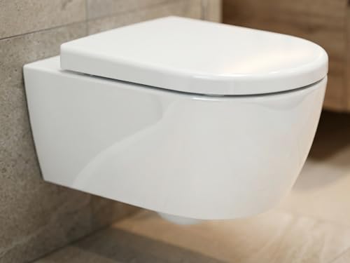 SSWW | Spülrandlose Toilette mit Softclose Toilettendeckel, Hänge-WC aus Keramik, Wand-WC, Tiefspüler | 54 cm lang
