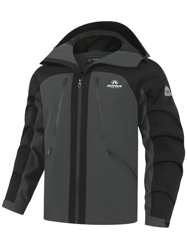 EVIL WOLF Men's Windproof Waterproof Jacket, High-saturation Color Block, Hooded with Multiple Pockets, Outdoor Coat (US, Alpha, X-Large, Regular, Regular, GREY)