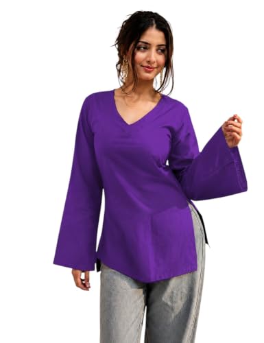 Image of Women's Cotton Short Kurti Black Solid Plain V Neck Full Bell Sleeve Casual Stylish Short Kurta for Women for Jeans Daily Girl Top