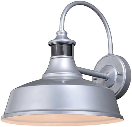 VAXCEL Dorado Outdoor Steel Wall Light with Motion Sensor, 12" W x 12.25" H Rustic Farmhouse Gooseneck Wall Sconce for Porch, Patio, Deck, or Front Door, Silver