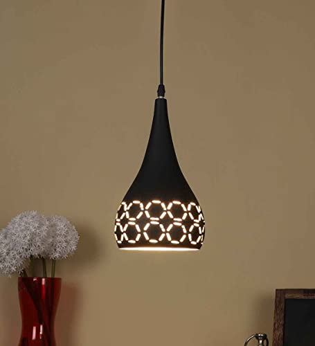 Image of DarkVision Decorative Hanging Pendant Light Stylish Tear Drop Design with Premium Black Metal and Cutwork Pattern Ceiling Lamp for Kitchen, Staircase, Entryway, Dining Room (with Bulb)