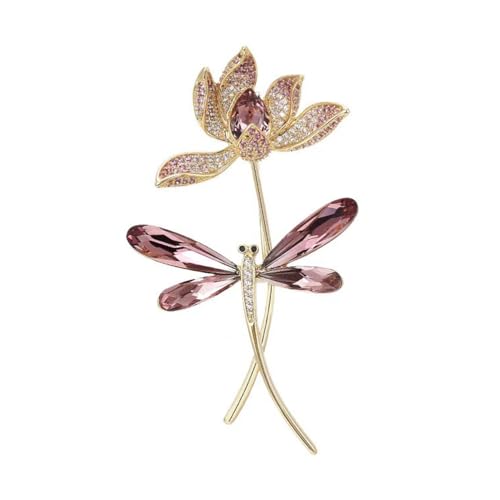 Elegant Lotus Flower Dragonfly Brooch Pin for Women Men Gold-Tone Plated CZ Rhinestone Floral Lapel Pin Sparkling Corsage Scarf Clip Clothing Hat Bag Accessories Fashion Jewelry for Mom Wife