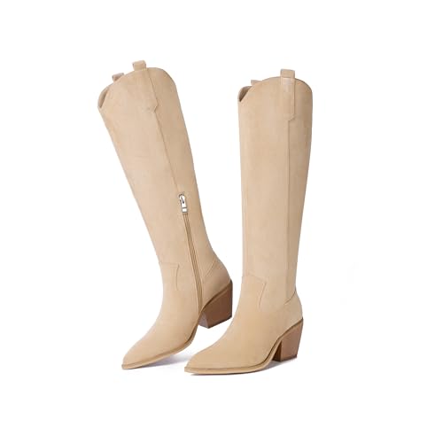 Image of Reitoye Cowboy Boots for Women Embroidery Western Cowgirl Knee High Chunky Heel Boots with Pull-Up Tabs