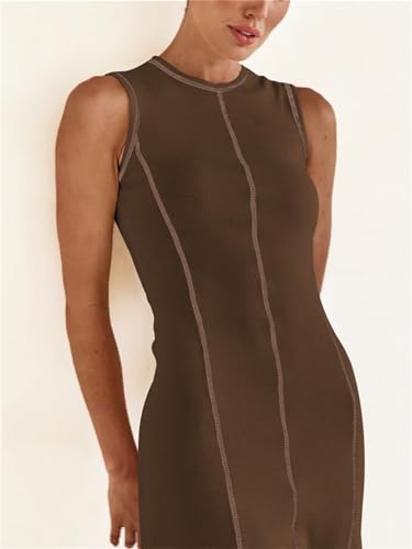 Image of Women's 2025 Summer Sundress Elegant Casual Crew Neck Sleeveless Knit Striped Bodycon Maxi Dress