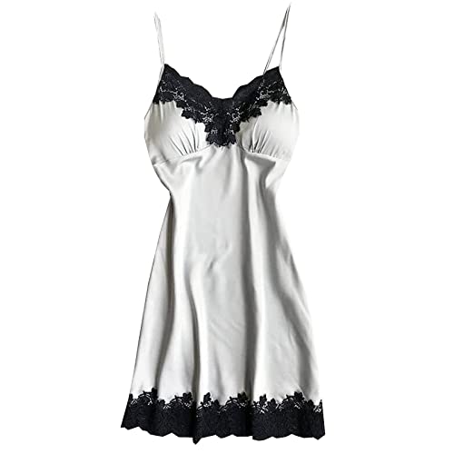 Generic womens fashion Women Sexy Lingerie Sleepwear V Neck Satin Lace Chemise Nightgown Negligee Spaghetti Strap Dress Silk Slip Nightwear, XX-Large, A02_white