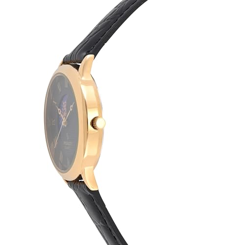 Men's 38mm Black Dial And Case Sun-Moon Leather Strap watch Black/Black