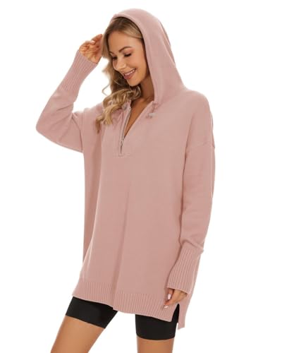 Image of Women's Hooded Sweater Loose Half Zip Drawstring Pullover Sweatshirt Top Casual Long Sleeve Side Slit Knit Hoodie