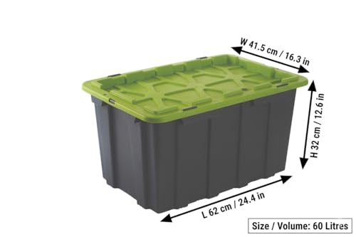 Image of UNIBOX 60L Heavy Duty Flip Lid Storage Container, 63 x 42 x 32 cm, Durable COPP + HOMO PP, Recycled Material, Secure Clip Down Lid
