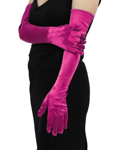 SUFEINI Women's Long Hot Pink Satin Opera Gloves - Stretchy Elbow Length 21'' for 1920s Flapper Party (Hot Pink, Large)