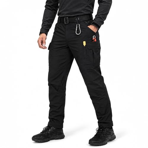 IGOLUMON Ripstop Tactical Work Pants for Men, Stretch Cargo Hiking Pants with 6 Utility Pockets, Reinforced Knees Black