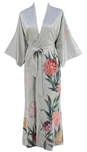Ledamon Women's Kimono Long Robe - Classic Floral Nightgown Bathrobe Sleepwear (Light Gray)