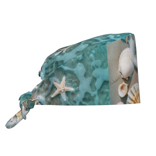 Gorro de trabajo transpirable con diseño de estrella de mar, olas de mar, conchas, enfermería, médico, cirujano, unisex, para mujeres y hombres, con lazo elástico