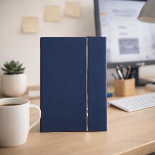 Image of A5 PU Leather Notebook with Tri Fold Magnetic Closure, PU Leather Diary with 192 Pages 80 GSM Ivory Paper for Office Business Journaling (Navy Blue)