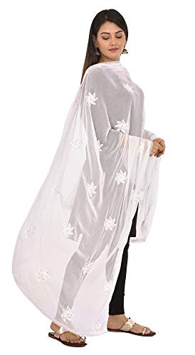 Image of YOUTHQUAKE Flower Embroidered Diamond Work Chiffon Dupatta for Womens & Girls With 4 Side Lace