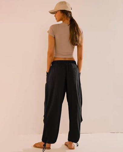 Image of Women's Linen Balloon Barrel Beach Pants Boho Harem Flowy Drawstring Casual Loose Pants with Pockets