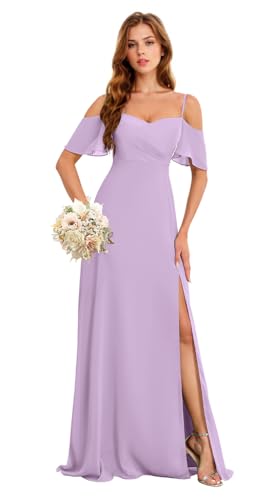 Image of Off The Shoulder Chiffon Bridesmaid Dresses with Slit 2025 Long Pleated Formal Evening Gown Lilac US8 HGR93