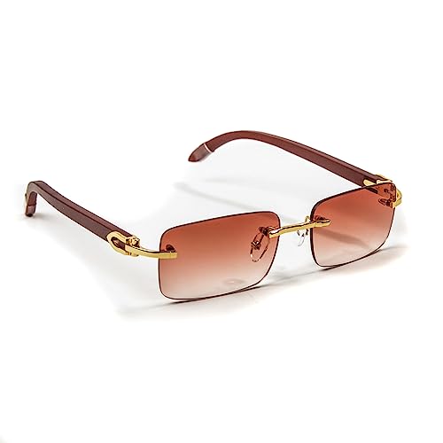 Men Women Burgundy Gradient Tint Rimless Gold Frame Rectangle Sun Glasses Vintage Woodgrain Square Shades 90s Retro Unisex Hip Hop Frameless Stylish Designer Wood Arm Sunglasses2