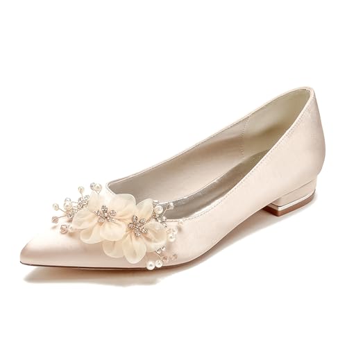 Women Closed Toe Flat Wedding Shoes Satin with Crystal Lace Flower Pointed Toe Party Bridal Shoes Low Heel Ballet Flats Slip-on