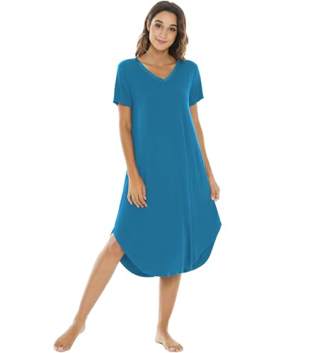 Image of NACHILA Nightgowns for Women-Viscose Made from Bamboo, V Neck Sleepshirts Short Sleeve Sleepwear Cool Nightshirt