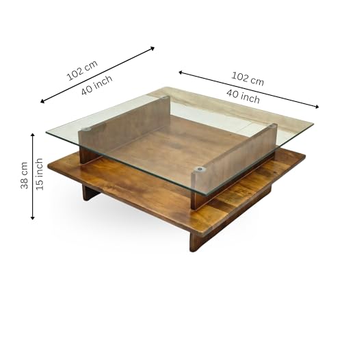 Image of Gharaana Bella Glass Top Solid Wood Center Table, Square, 102 x 102 x 38 cm, Natural Wood Finish
