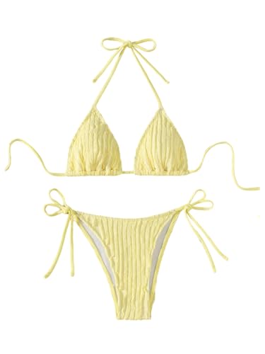 Women's 2 Piece High Cut String Bikini Set Tie Side Wireless Halter Swimsuits Beach Swimwear